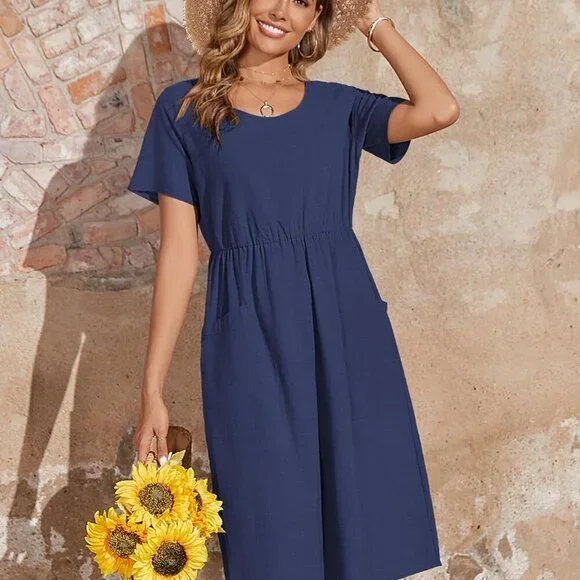 Women's Cotton Linen Midi Dress Casual Short Sleeve Flowly Beach Tunic - Picture 5 of 7